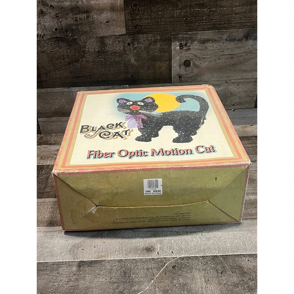 Vintage Black Cat Fiber Optic Motion Cat Halloween Animated Decor with Box